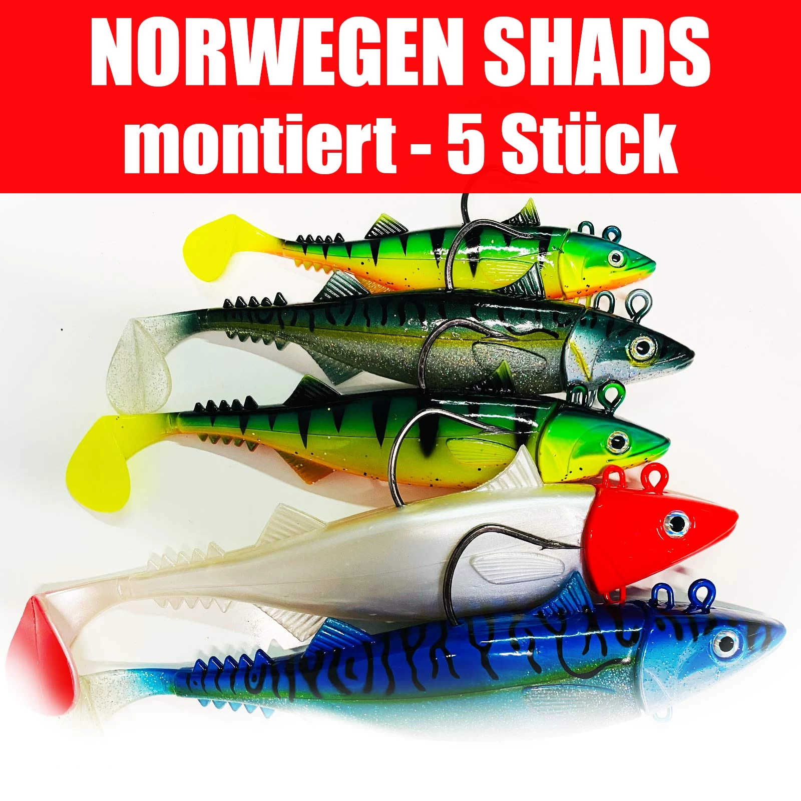 Jackson Sea XL Profi Norwegen Angeln – Fangfertig Montierte Gummifische. 18 – 28cm Angelset - 5 Stück 1 Jackson Sea XL Profi Norwegen Angeln – Fangfertig Montierte Gummifische. 18 – 28cm Angelset - 5 Stück