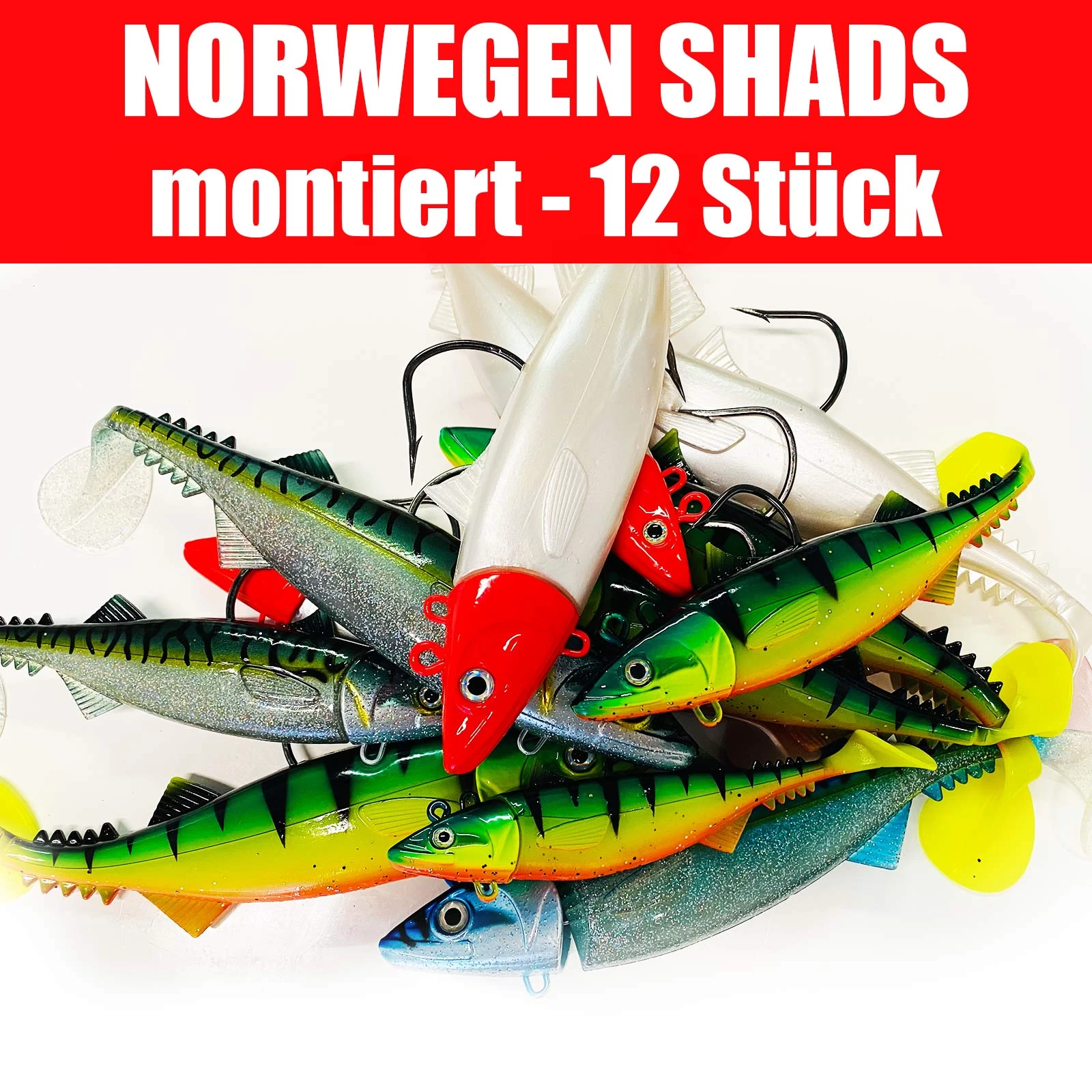 Jackson Sea XXL Profi Norwegen Angeln – Fangfertig Montierte Gummifische. 18 – 28cm Angelset - 12 Stück 1 Jackson Sea XXL Profi Norwegen Angeln – Fangfertig Montierte Gummifische. 18 – 28cm Angelset - 12 Stück
