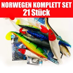 Jackson Profi Norwegen Angelköder Komplett Set. Gummifische & Jigköpfe Angelset - 21 Stück